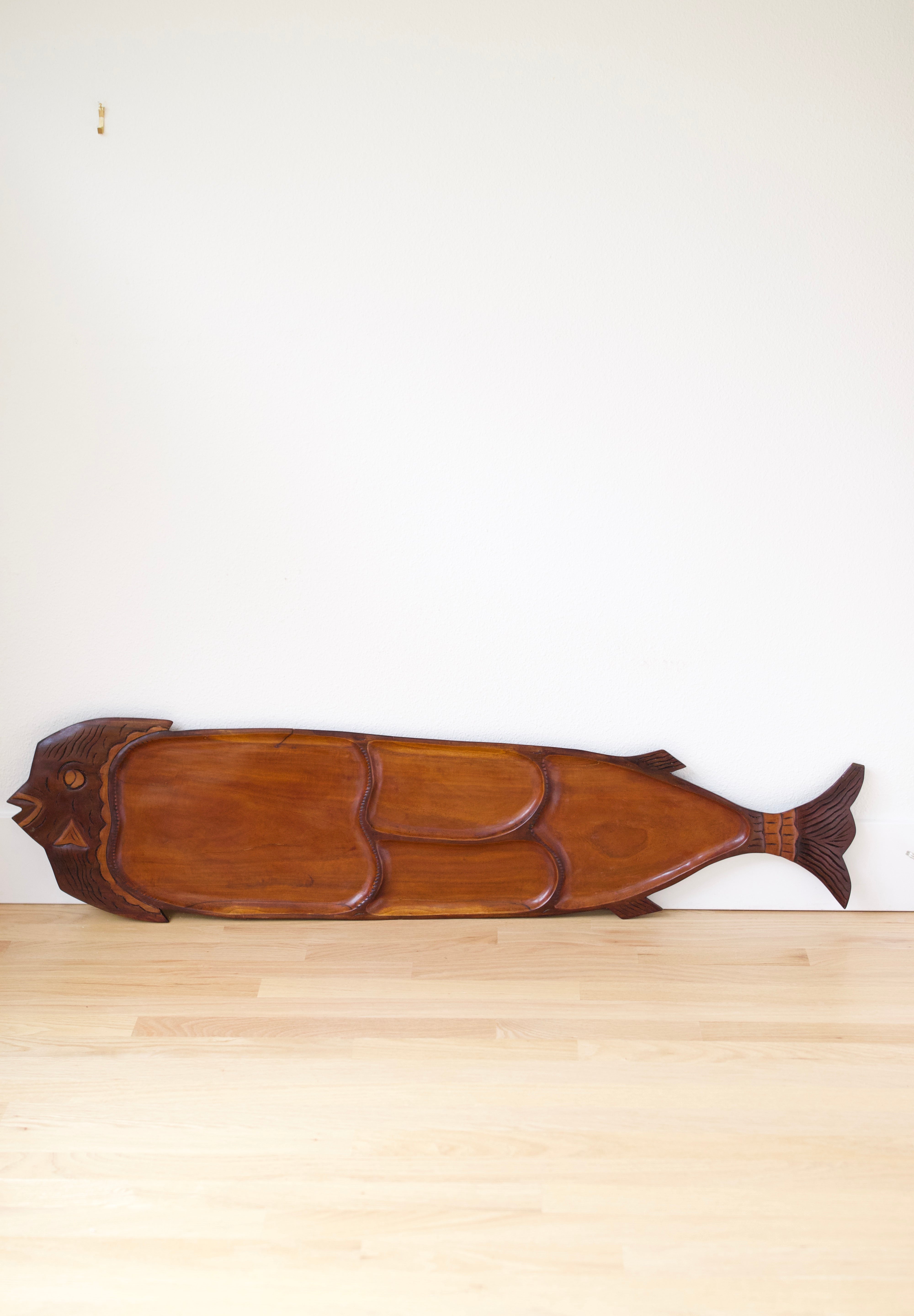 Large Hand-Carved Wooden Fish Serving Tray