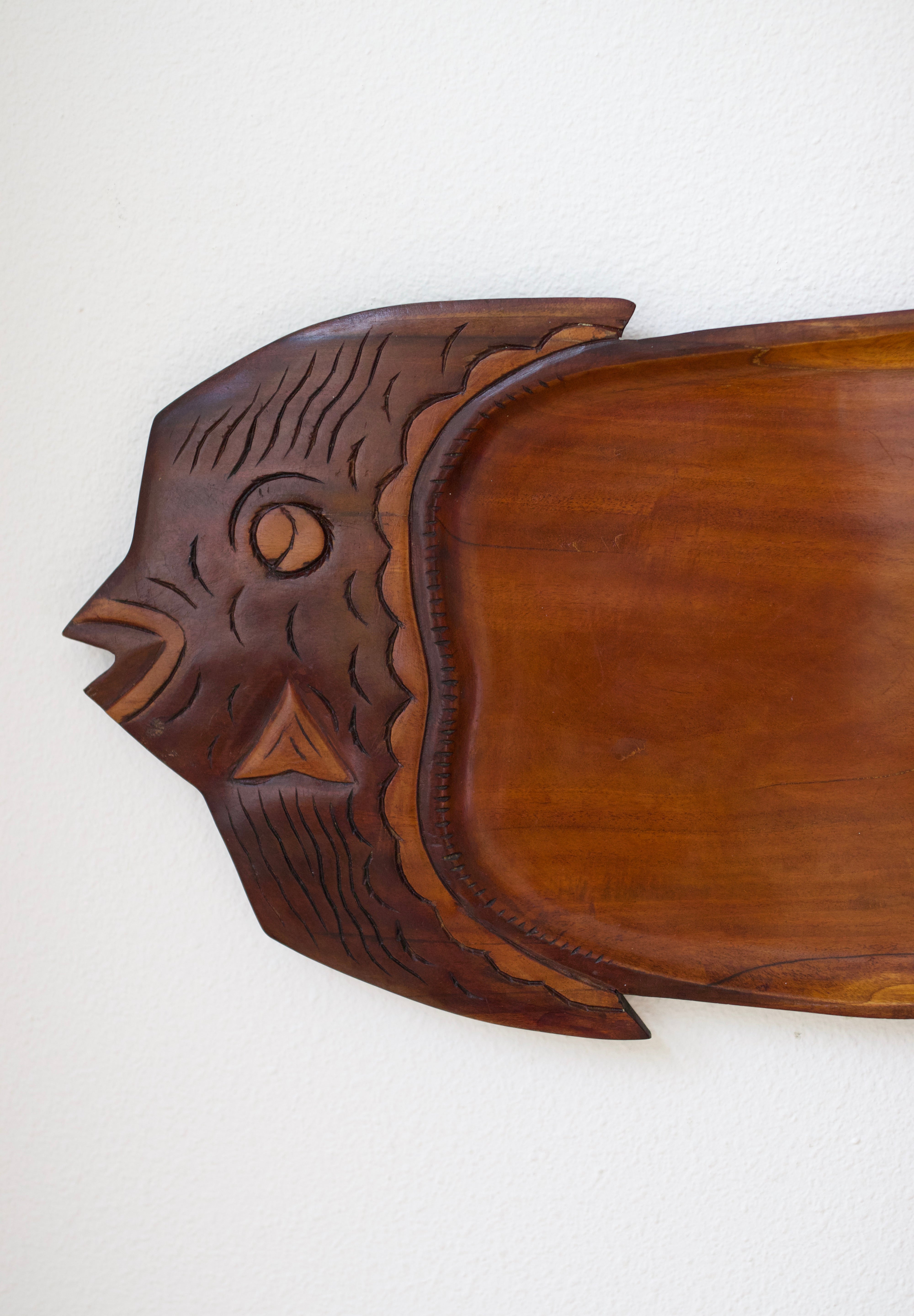 Large Hand-Carved Wooden Fish Serving Tray