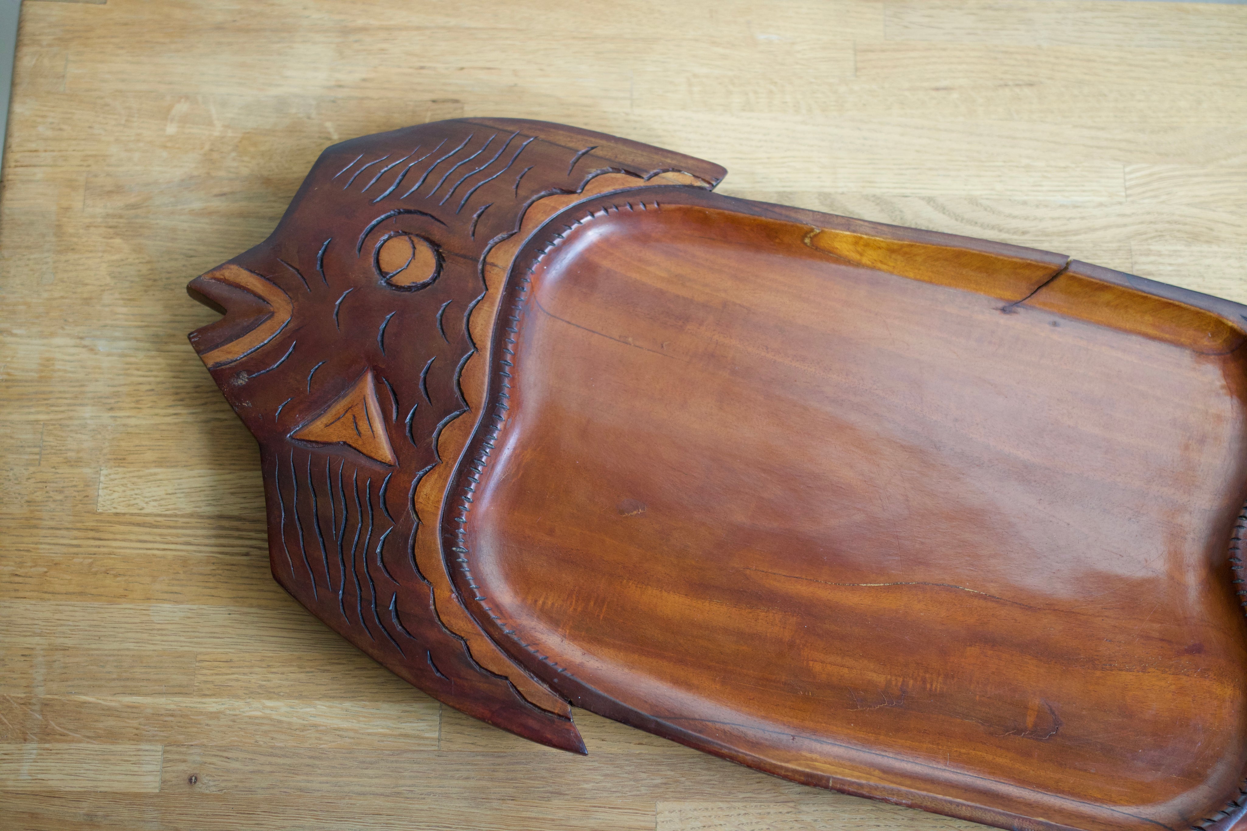 Large Hand-Carved Wooden Fish Serving Tray