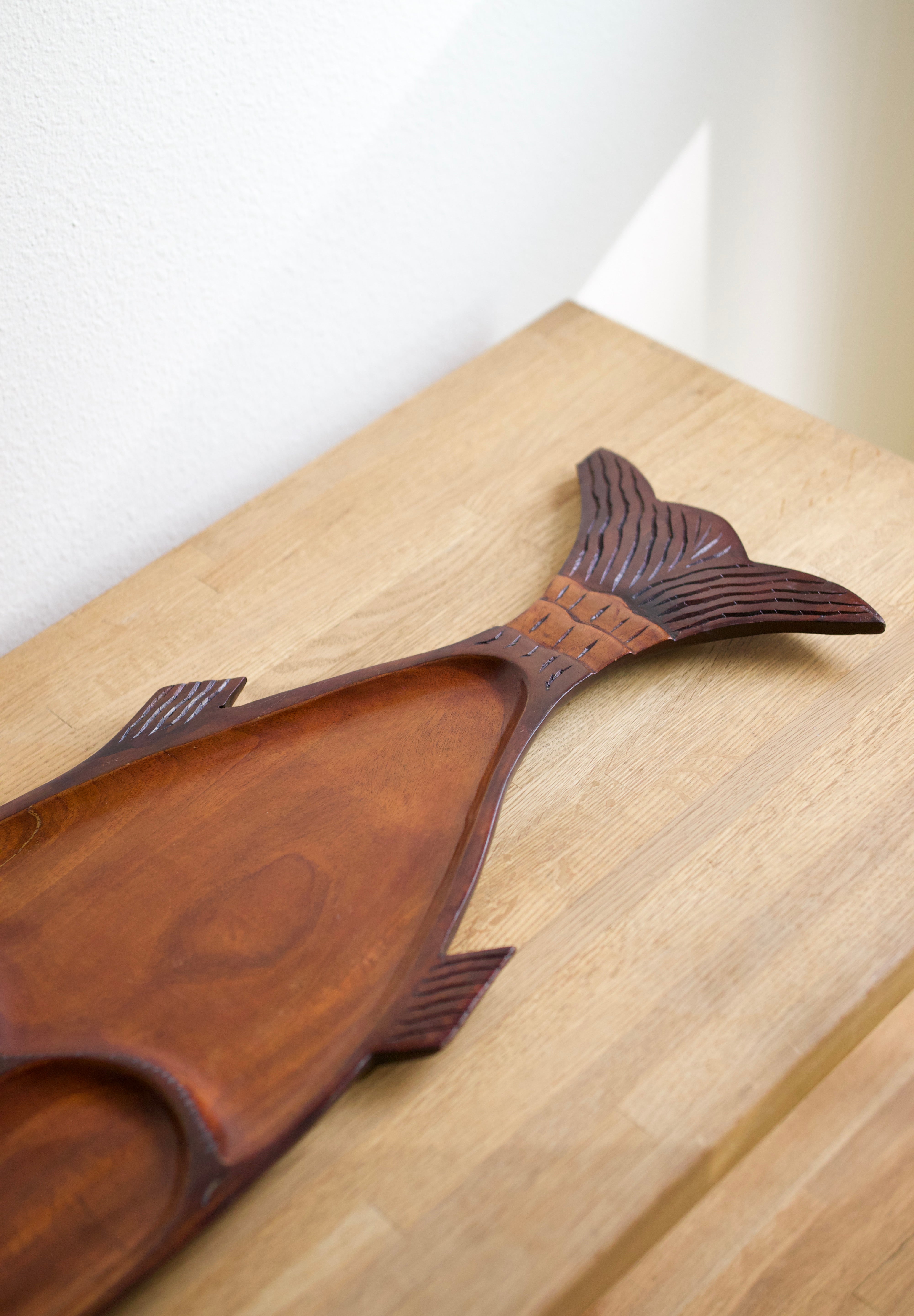 Large Hand-Carved Wooden Fish Serving Tray