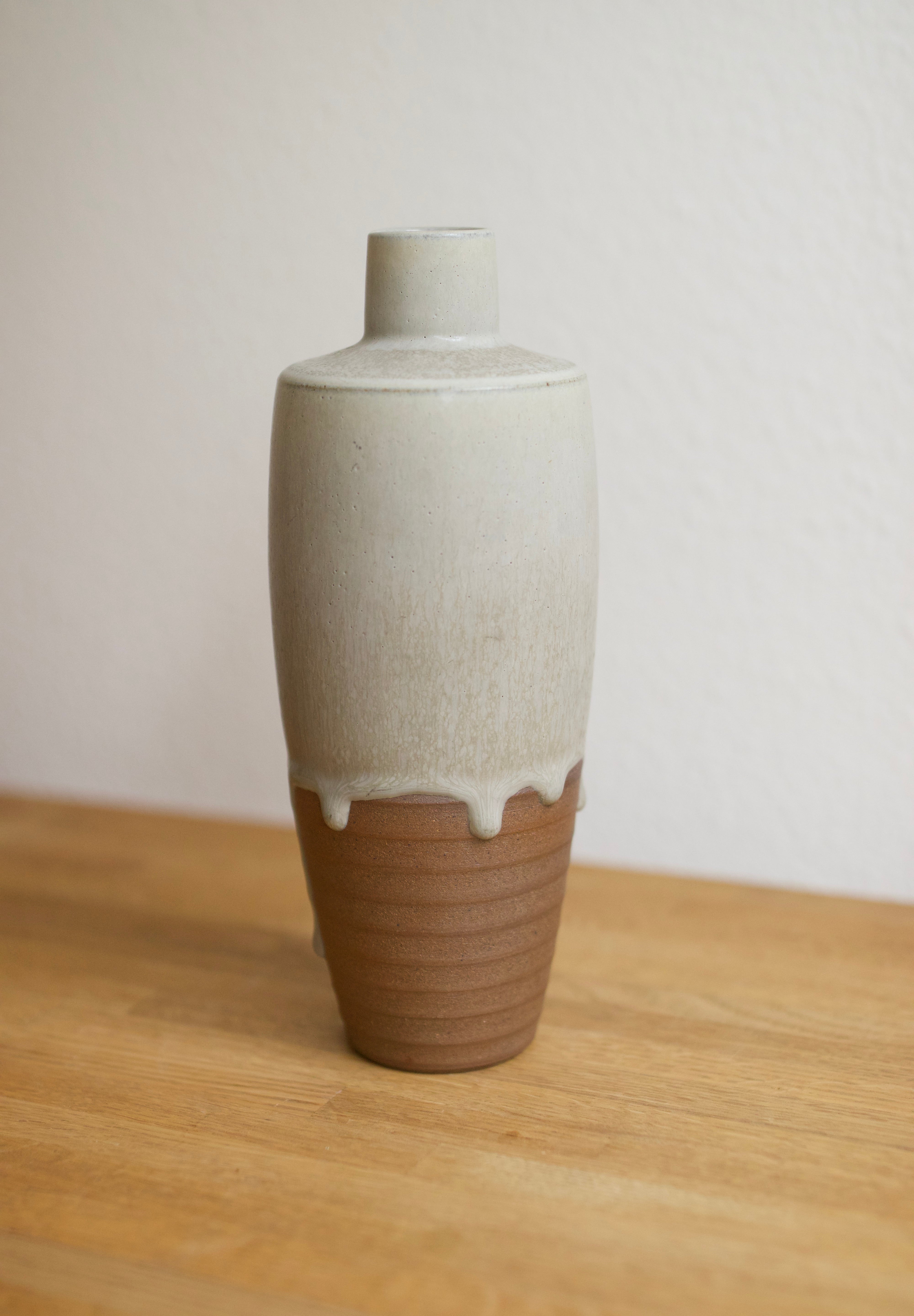Studio Pottery Vase with White Drip Glaze